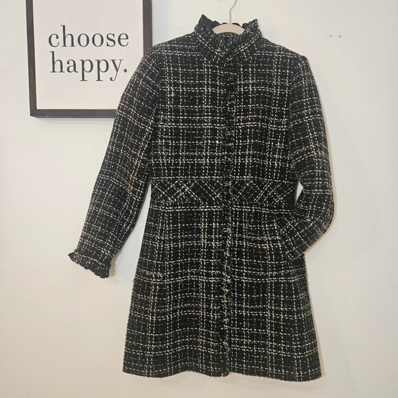 White House Black Market Jackets & Blazers - White House Black Market Wool Blend Tweed Coat Size 10 Black Plaid Red Trim